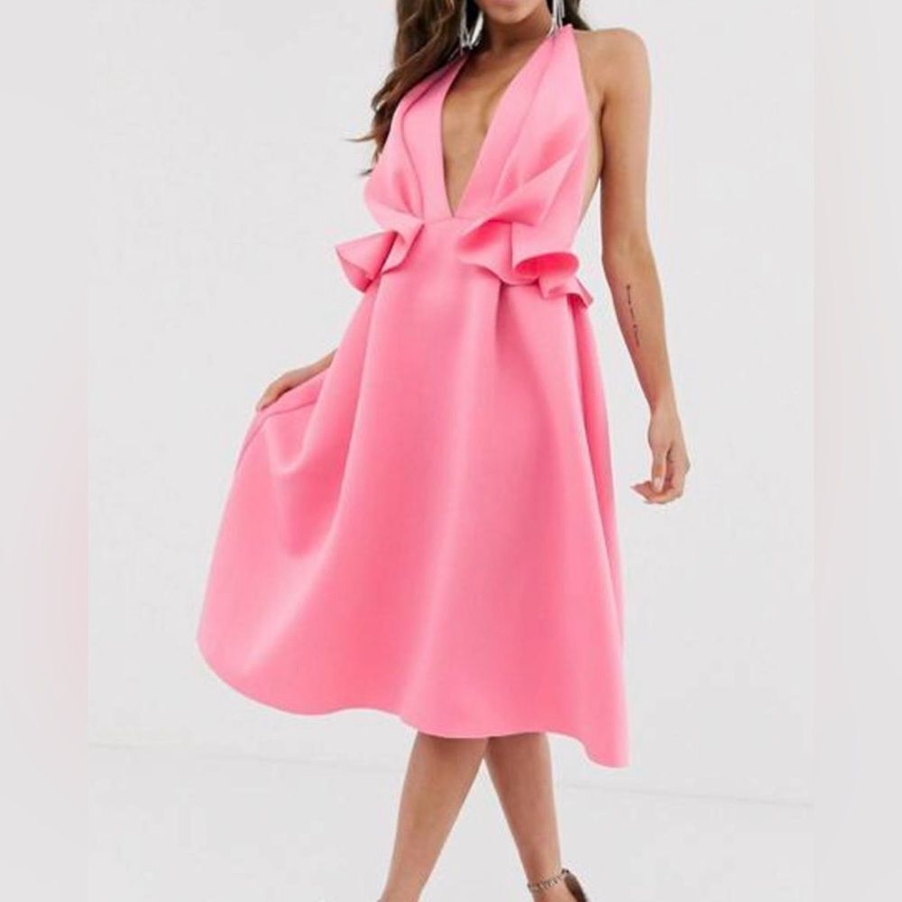 ASOS NEW Bubble Gum Pink Halter Midi Dress “Scuba Like Material” Barbie Costume